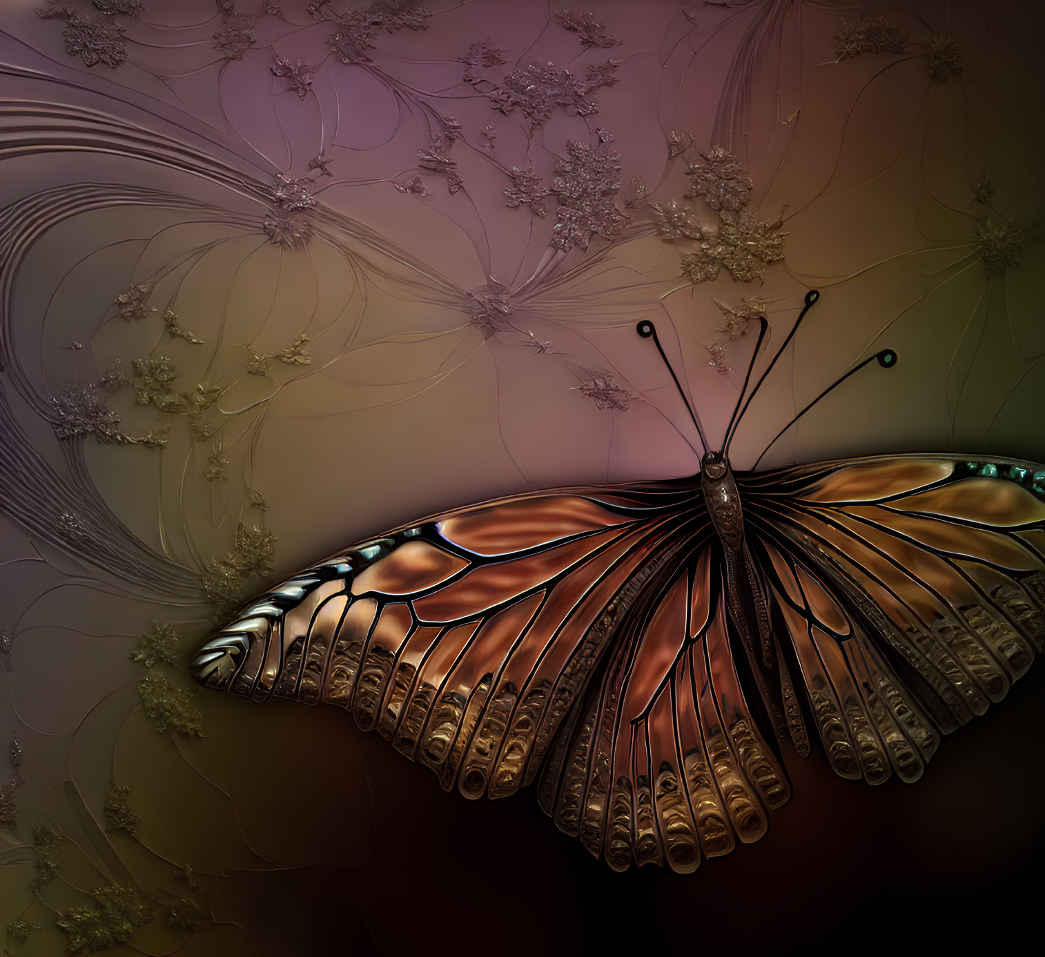 Digital artwork of butterfly with fractal wings on abstract dark background