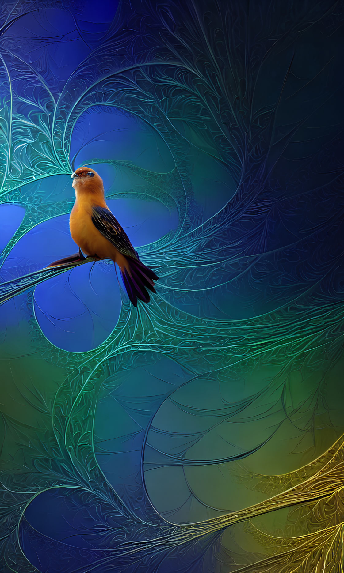 Bird perched on swirl in vibrant blue and green fractal pattern.
