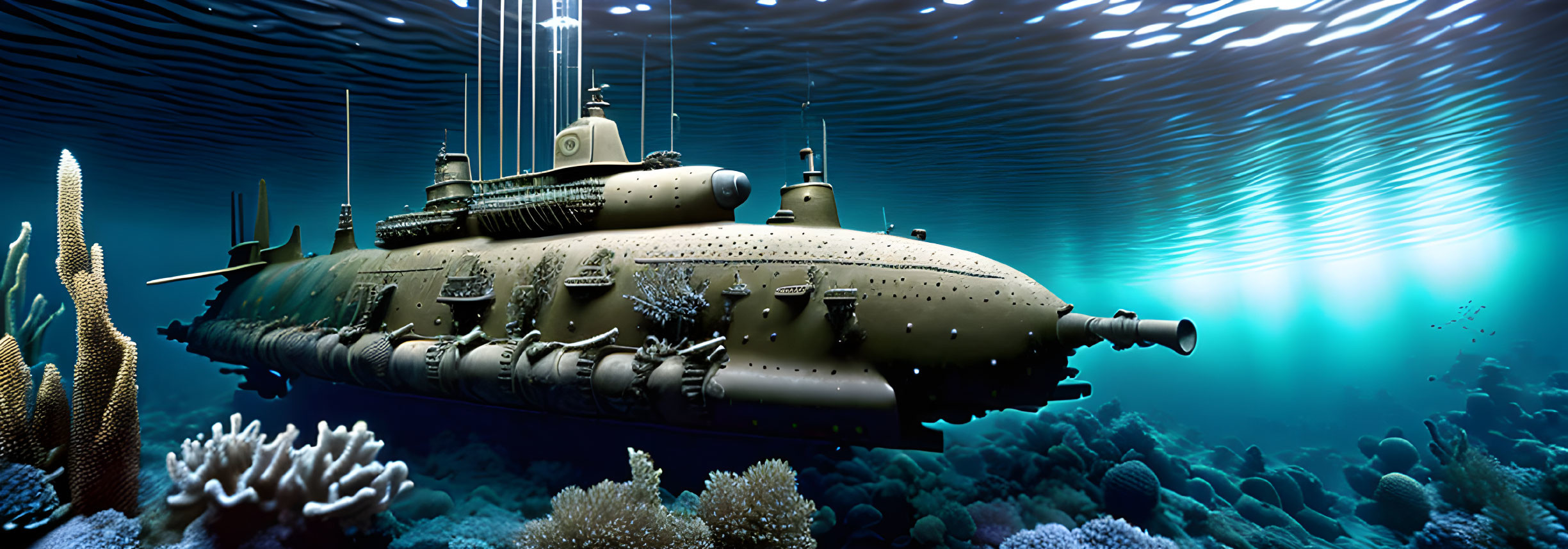 Futuristic submarine exploring ocean depths with coral and light beams