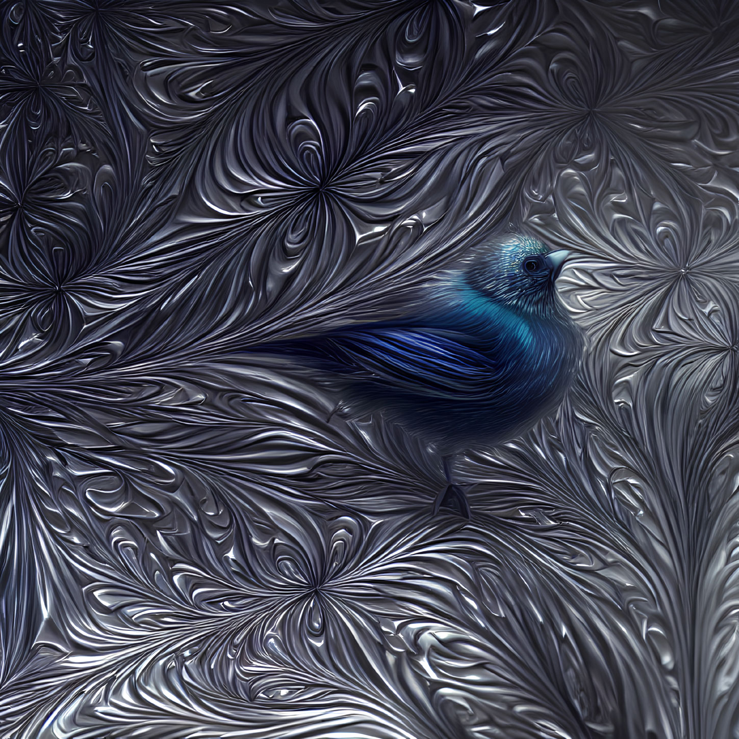 Blue bird perched on textured background with dark swirls and feather-like patterns