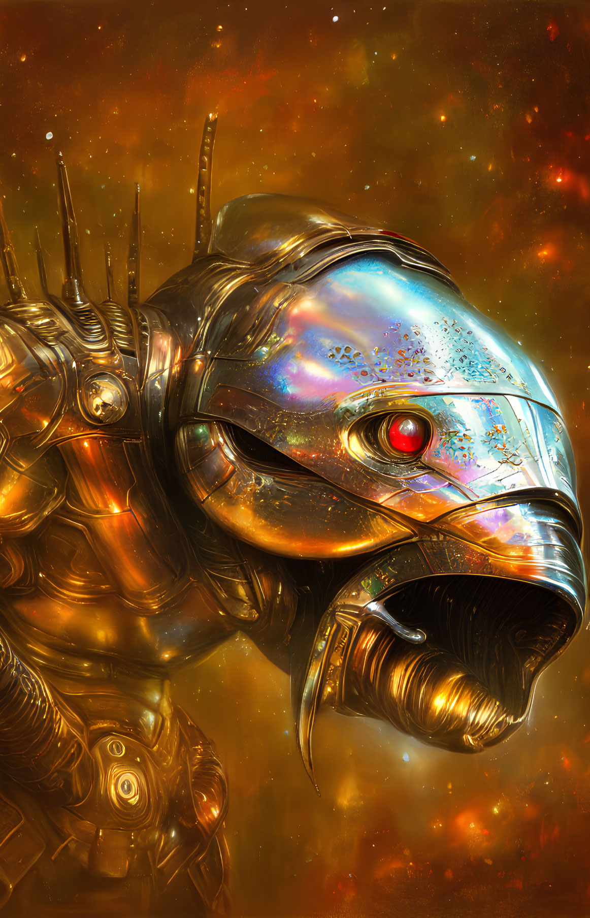 Detailed image of mechanized creature in golden armor with red eye on cosmic backdrop