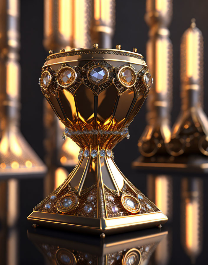 Golden trophy with jewels and intricate patterns on glossy surface