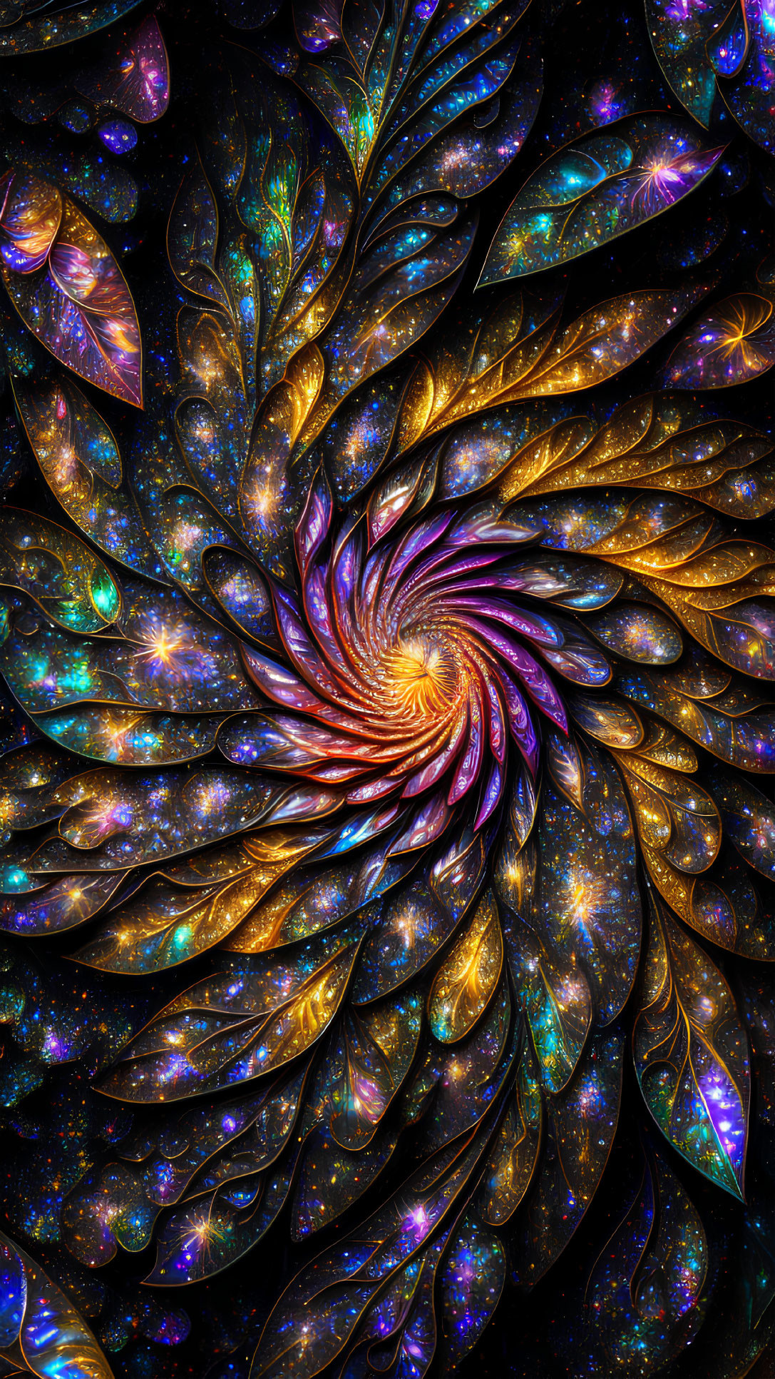Colorful digital artwork: Cosmic spiral pattern in gold and blue hues, resembling a stylized galaxy with