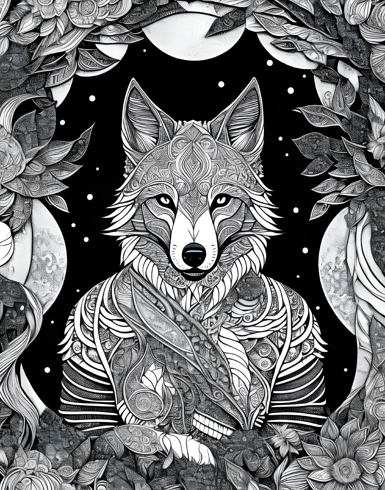 Detailed black-and-white wolf illustration with patterned fur and nature border.