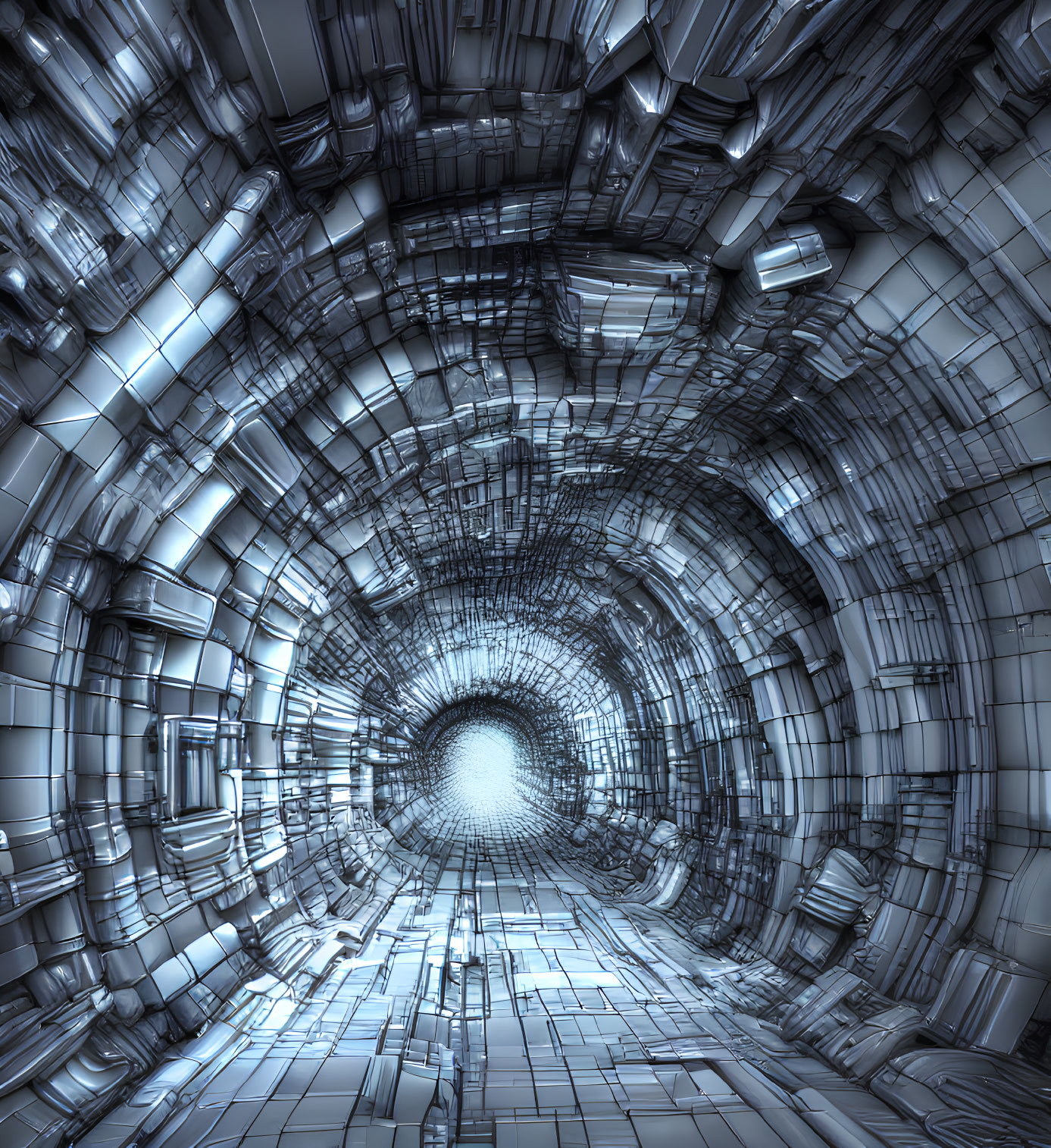 Futuristic metallic tunnel with geometric patterns and bright light