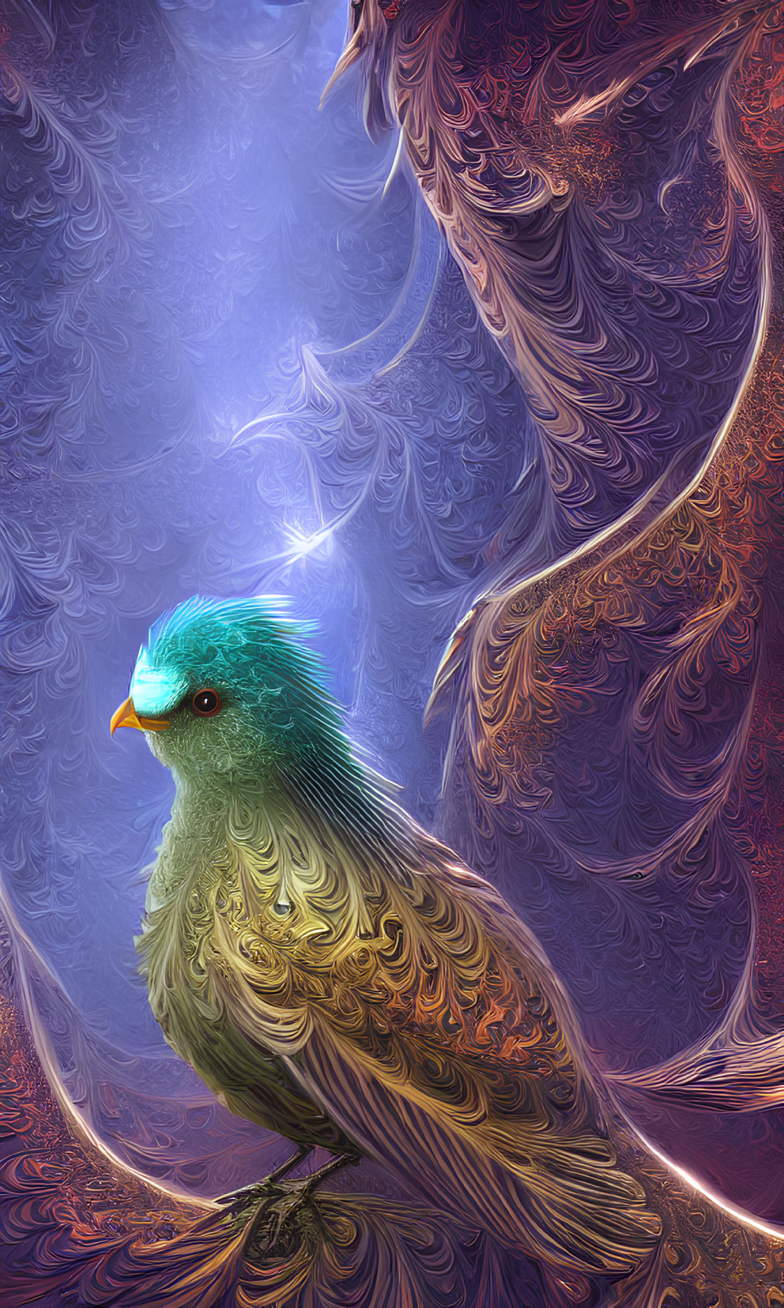 Colorful bird with intricate feathers on swirling blue and purple background