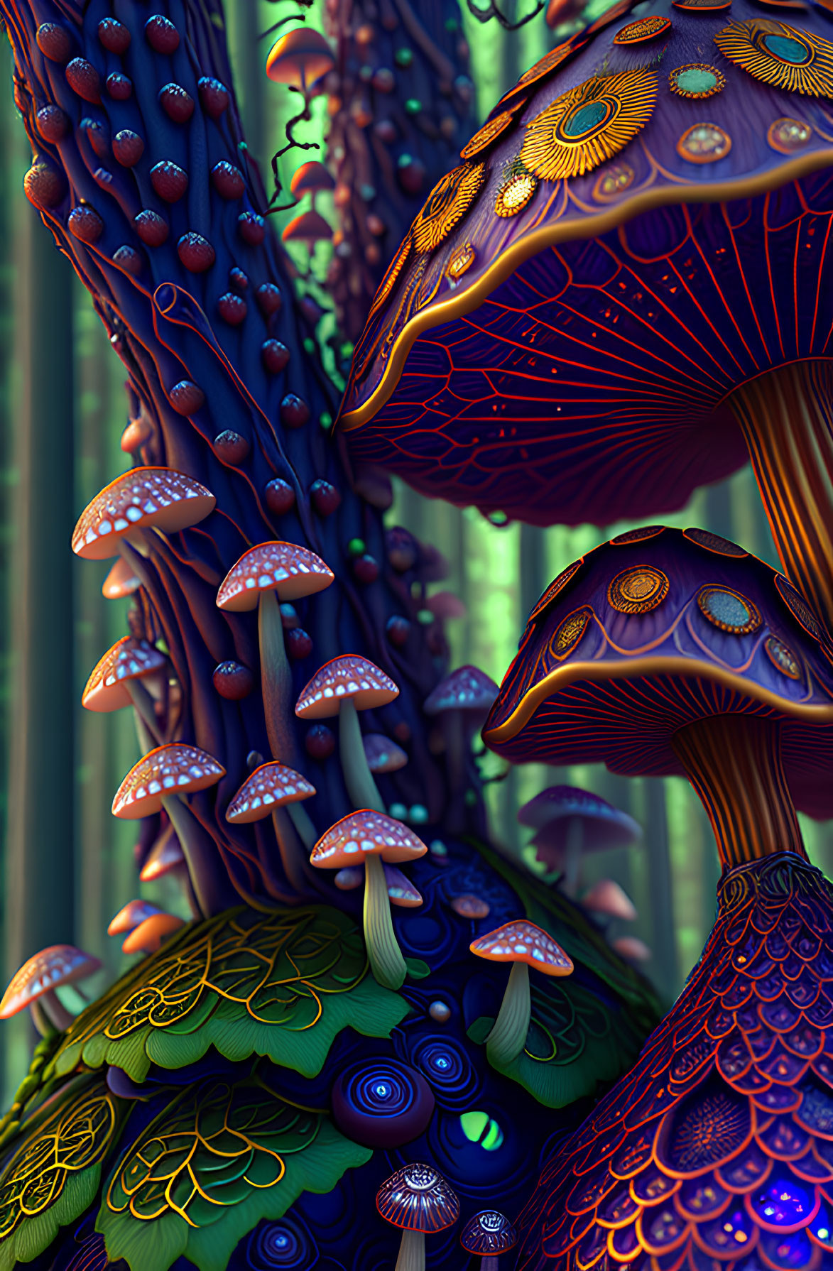 Fantasy digital art: Vibrant mushrooms in intricate patterns amid lush plant life