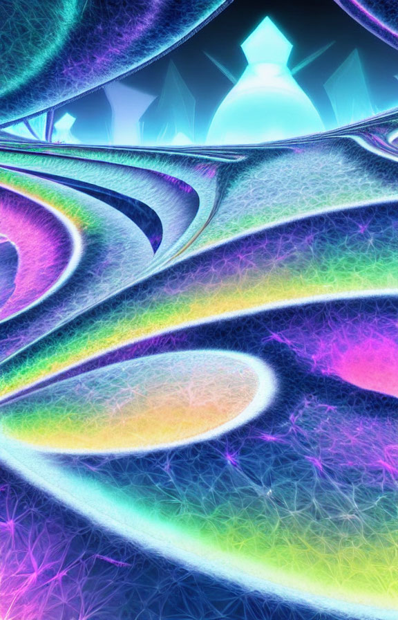 Neon curves and fractal patterns in blue, purple, pink, and orange