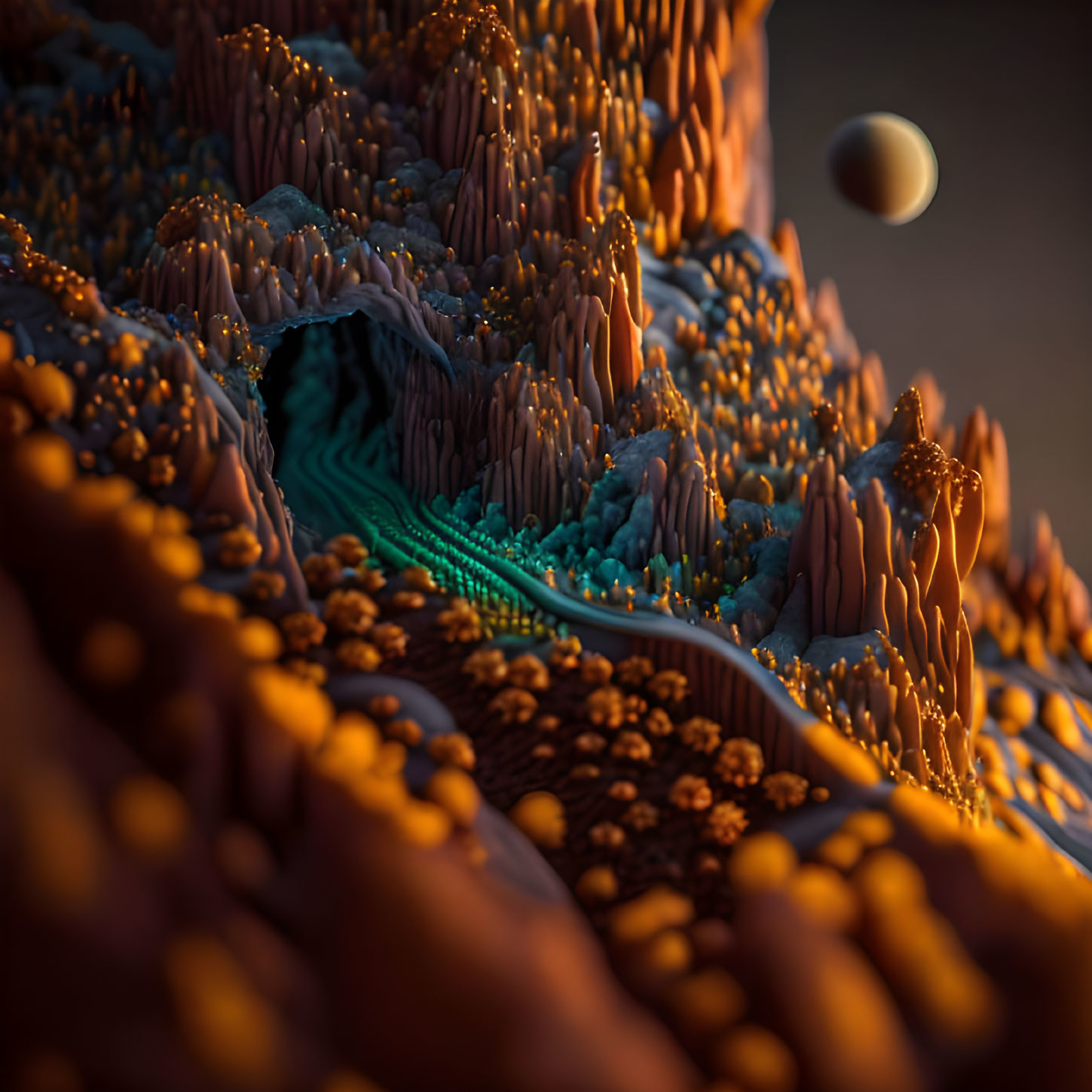 Surreal alien landscape with orange coral structures and teal river