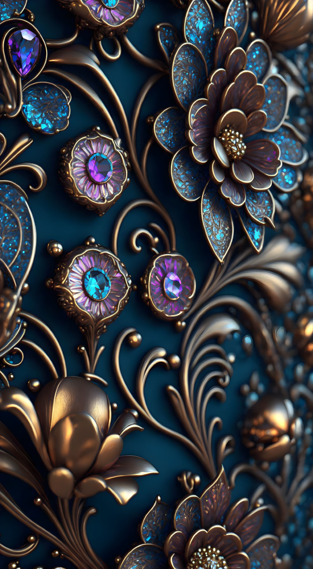 Detailed 3D Rendering of Golden Floral Patterns on Blue Background