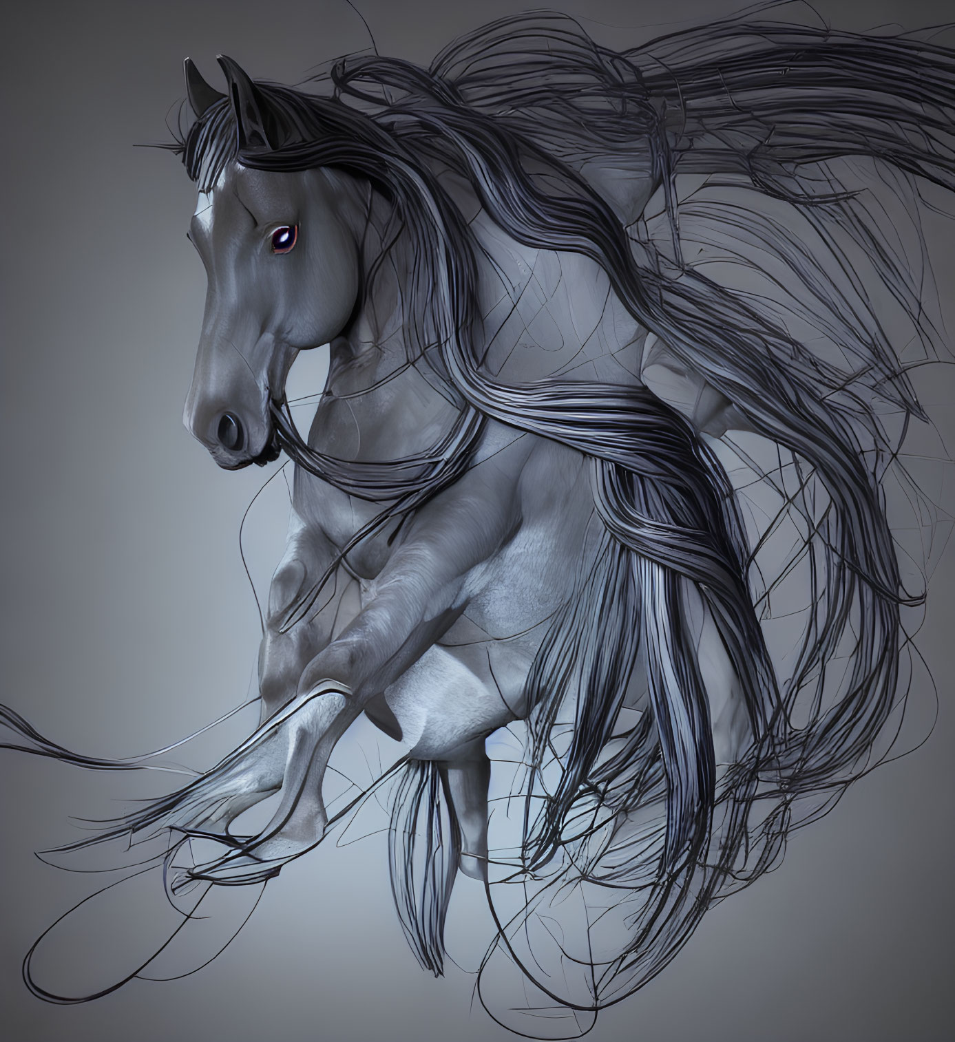 Monochromatic 3D horse illustration with flowing hair