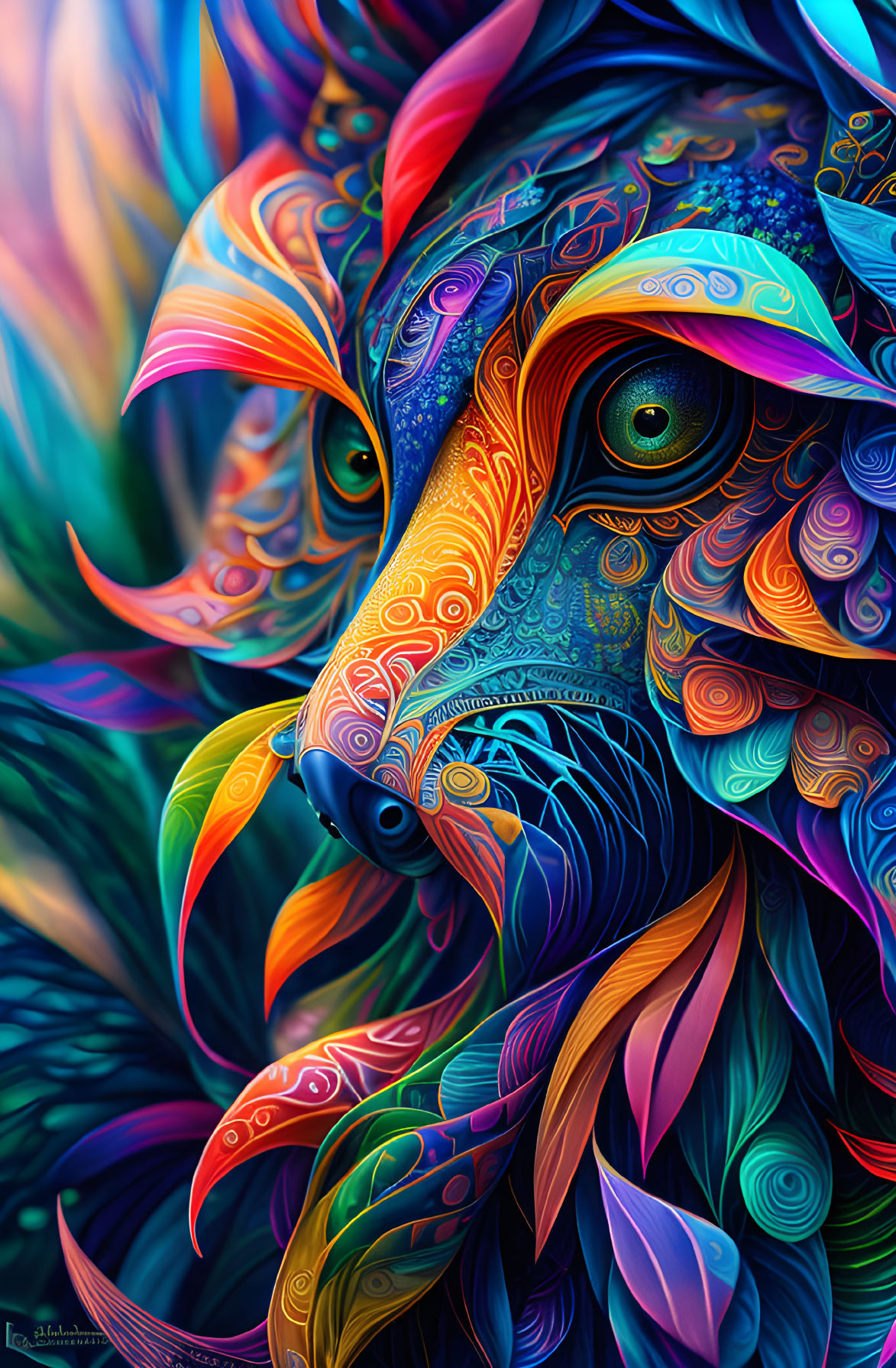 Colorful Wolf Illustration with Psychedelic Patterns and Piercing Eyes