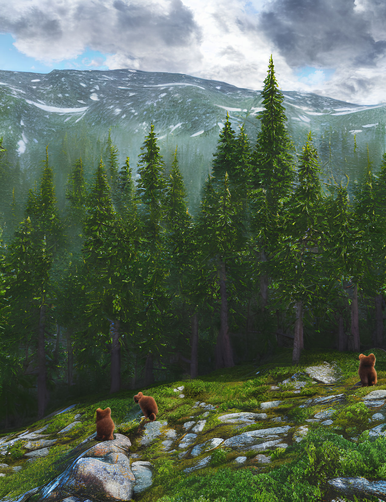Three bears in a forest with tall pine trees and snow-capped mountains under a cloudy sky.