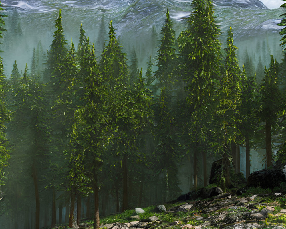 Scenic Pine Forest with Rocky Floor and Misty Mountains