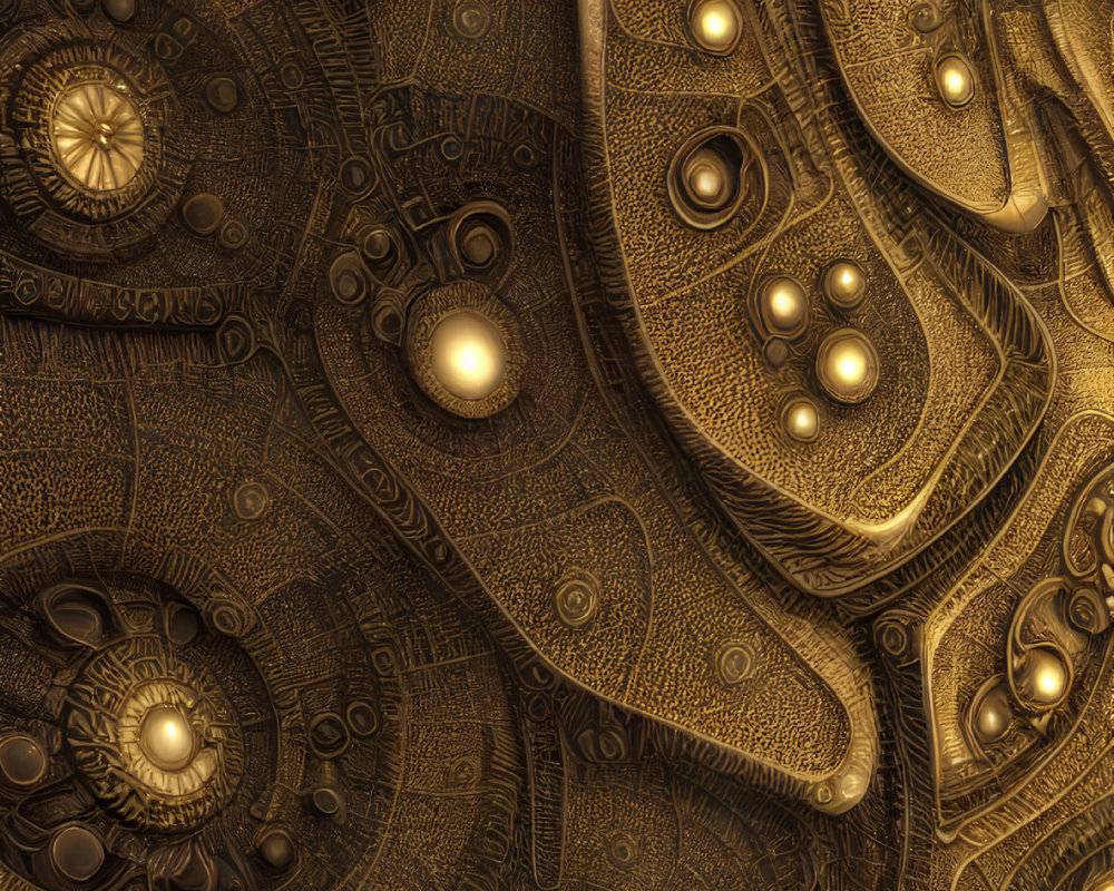 Detailed Golden Fractal Texture with Glowing Orbs and Intricate Patterns