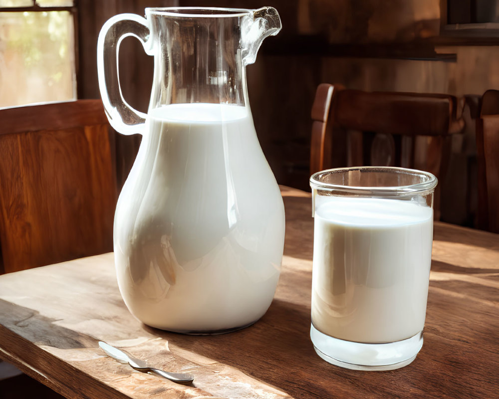 Glass of Milk and Full Jug on Wooden Table in Sunlight