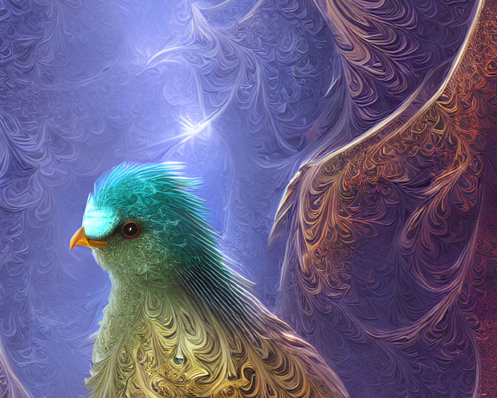 Colorful bird with intricate feathers on swirling blue and purple background