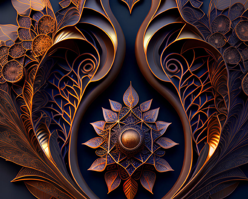 Detailed Copper Floral Mandala Design with Leaf Patterns on Dark Background
