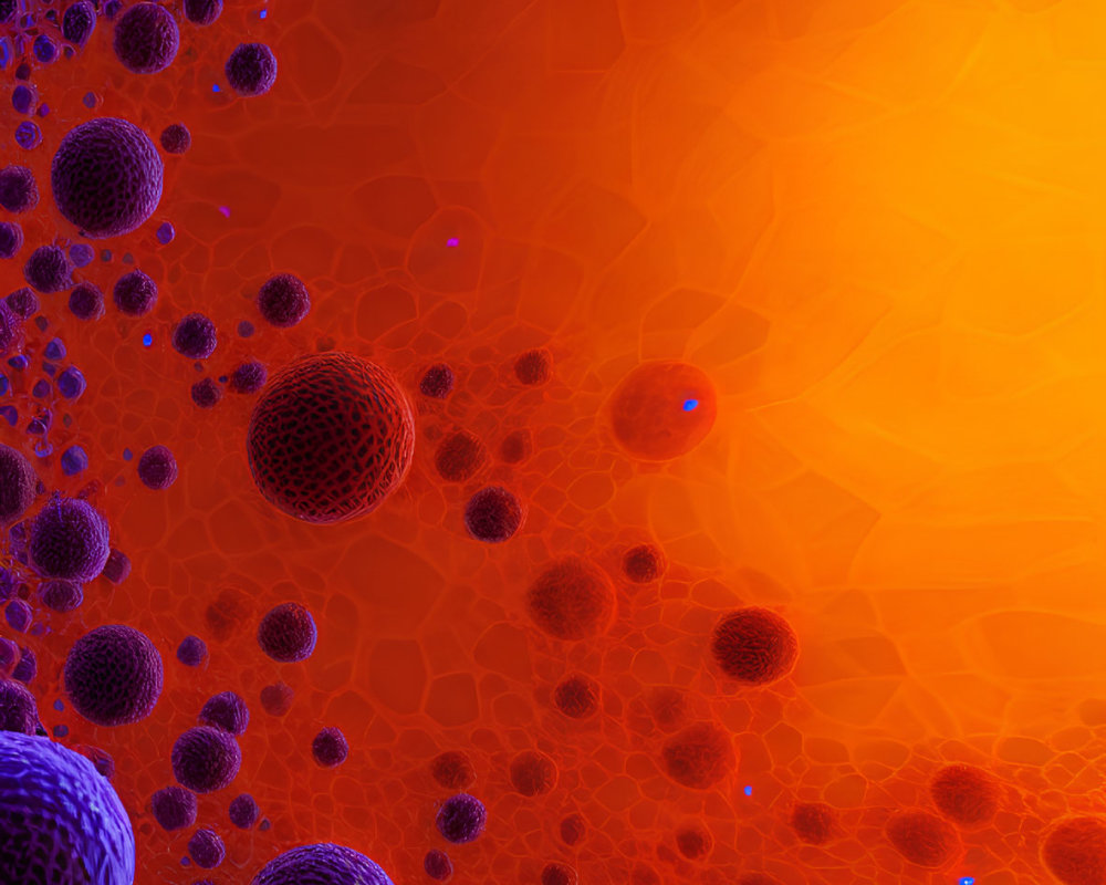 Vibrant purple and orange microscopic cells on luminous background