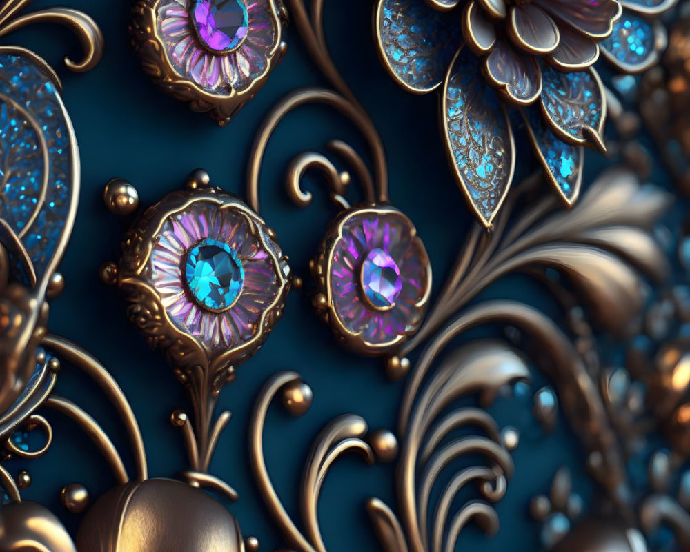 Detailed 3D Rendering of Golden Floral Patterns on Blue Background