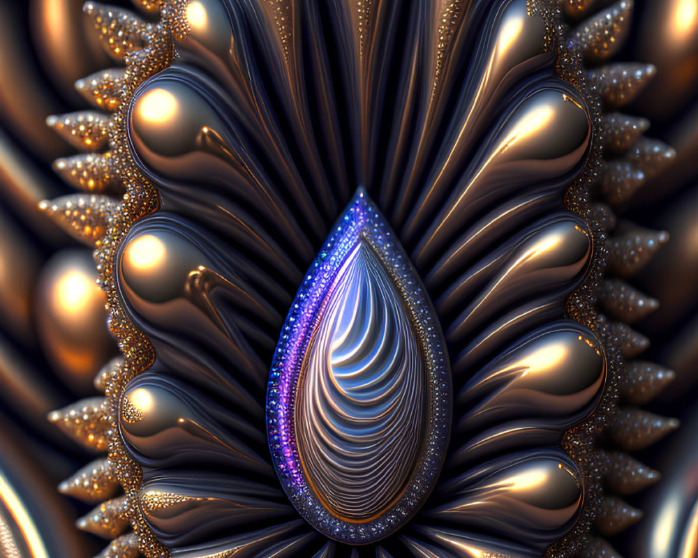 Detailed Fractal Image: Peacock Feather Design with Iridescent Blues