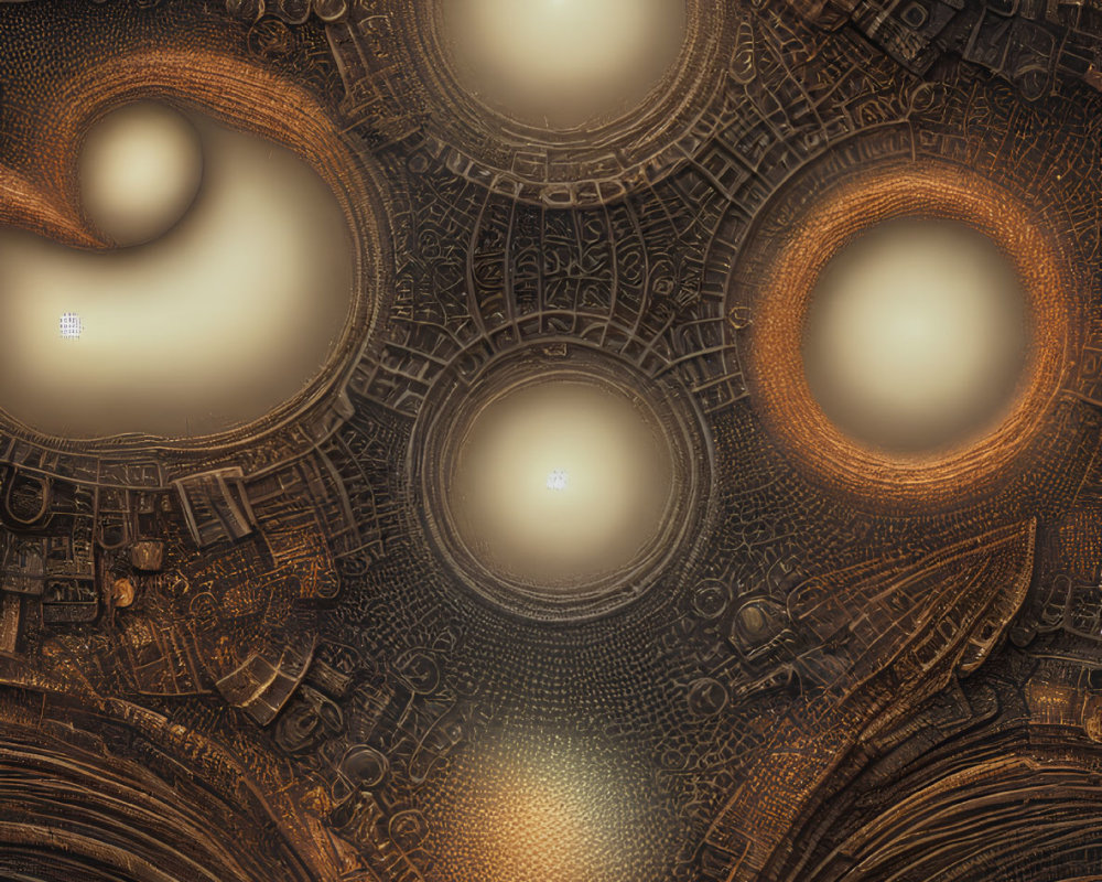 Detailed fractal-like image of mechanical gears and circular shapes in warm sepia tones
