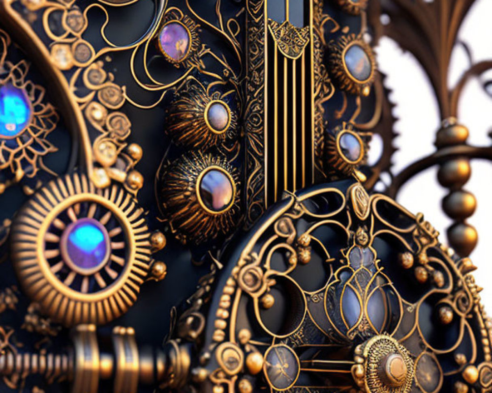 Detailed Steampunk-Inspired Design with Metalwork, Gears, and Gemstones