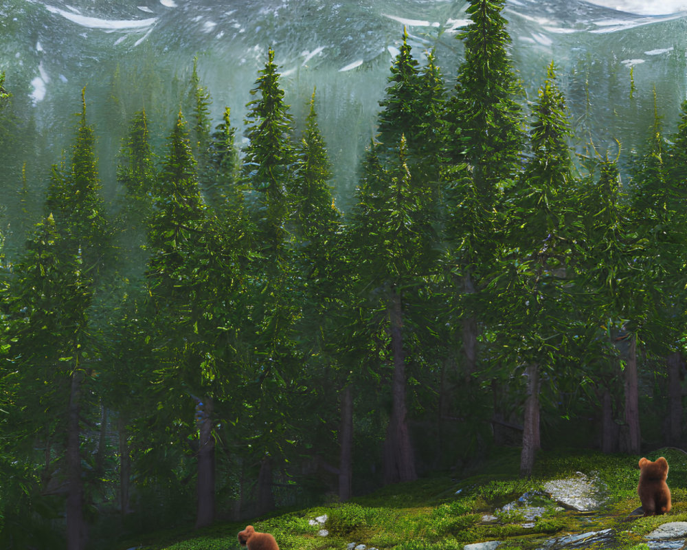 Three bears in a forest with tall pine trees and snow-capped mountains under a cloudy sky.
