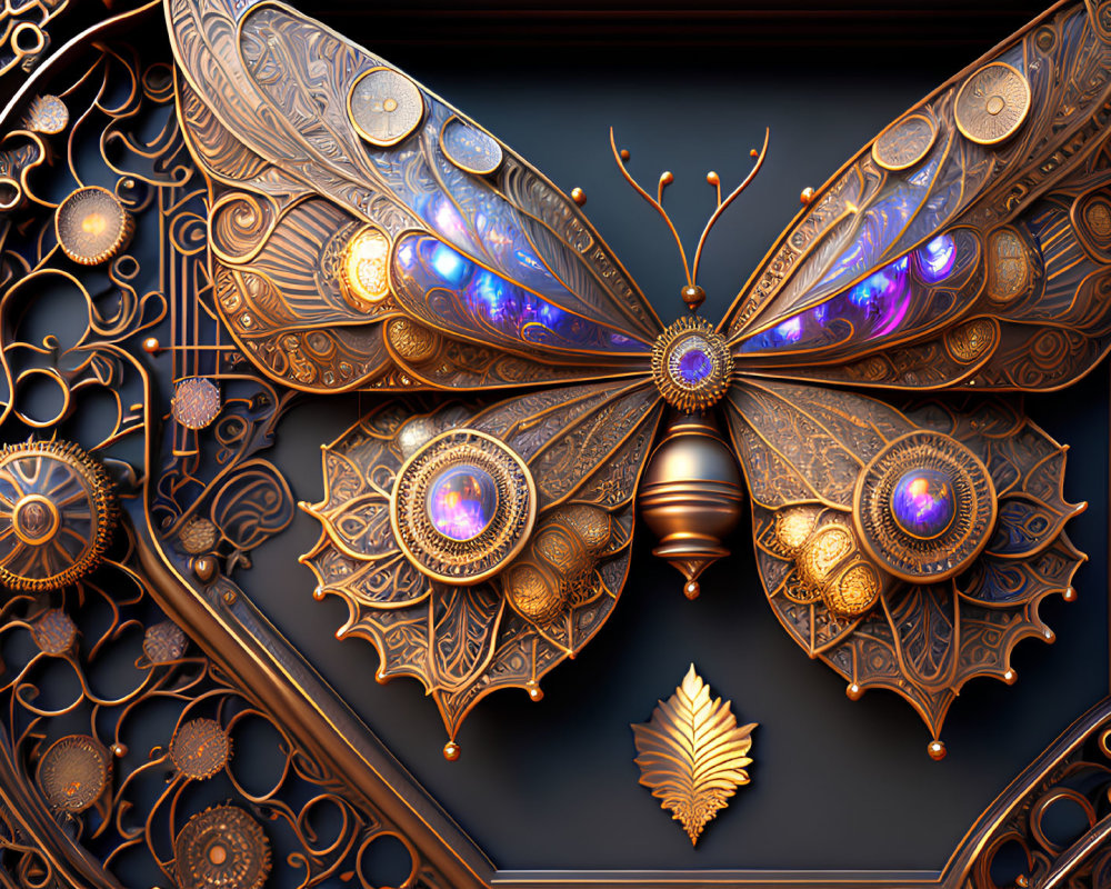 Steampunk-style butterfly with metallic wings and purple gemstones on dark background