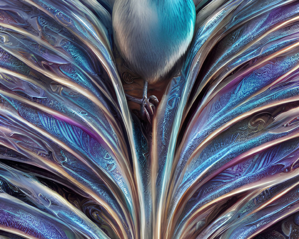 Vibrant blue bird on iridescent metallic swirls