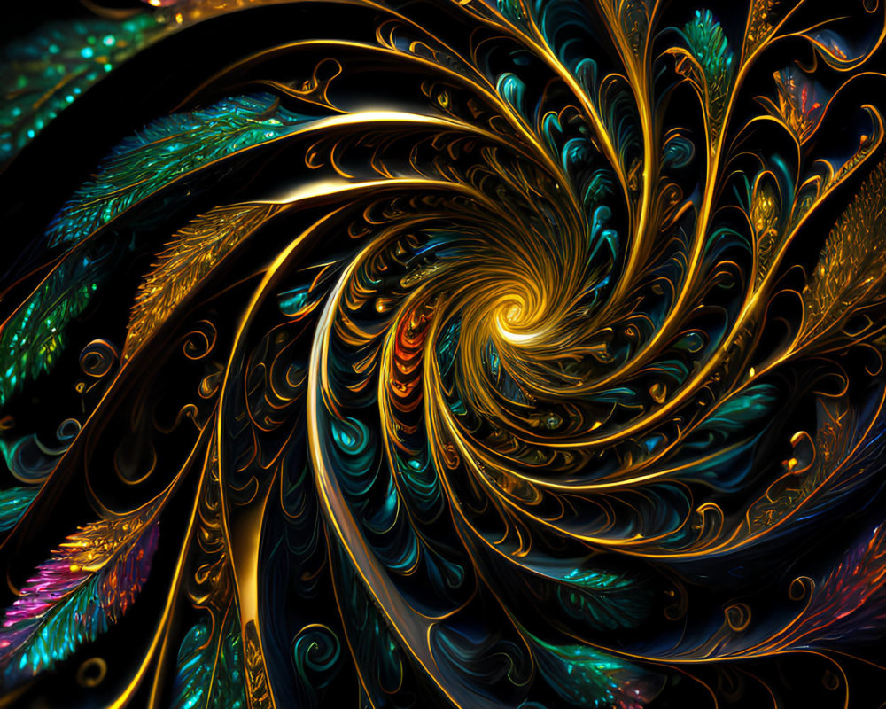 Colorful Digital Fractal Art: Gold, Blue, and Black Swirling Patterns