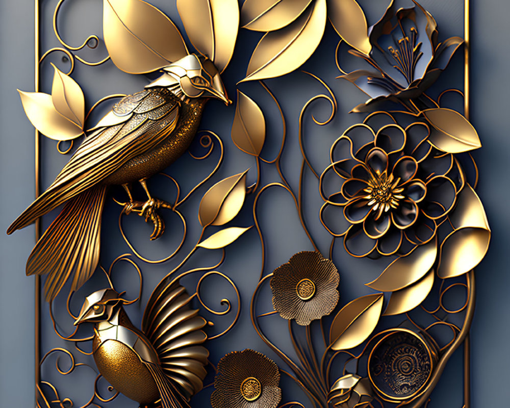 Golden 3D Bird Artwork with Leaves and Flowers in Square Frame