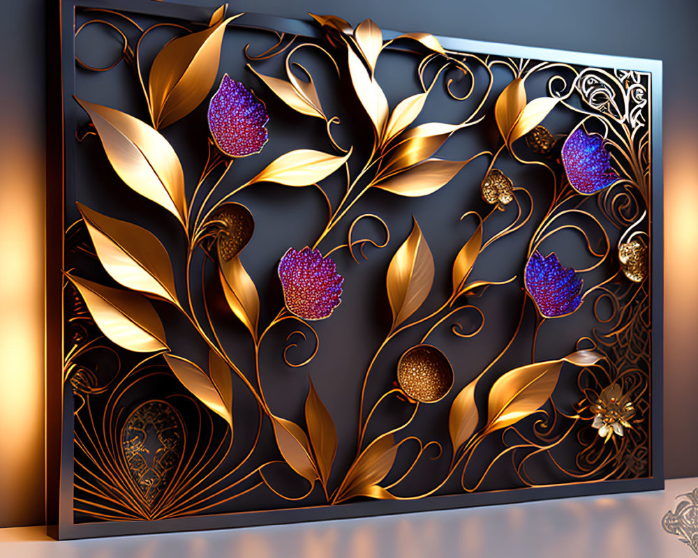 Golden vines, violet flowers in 3D wall art with dramatic lighting
