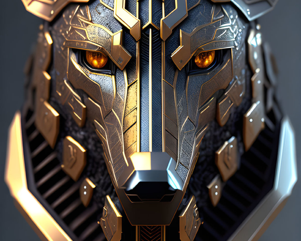 Detailed 3D metallic wolf head illustration with intricate designs and golden eyes.