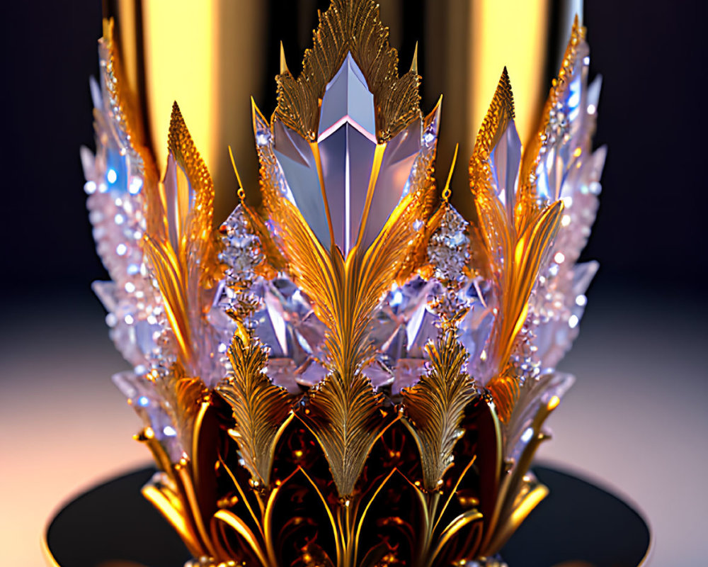 Intricate golden crystal trophy with leaf patterns and gemstone on black base