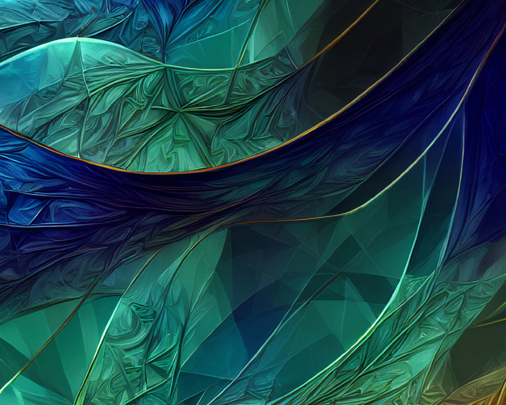 Abstract Digital Artwork: Vibrant Blue and Green Hues, Geometrical Patterns, Flowing