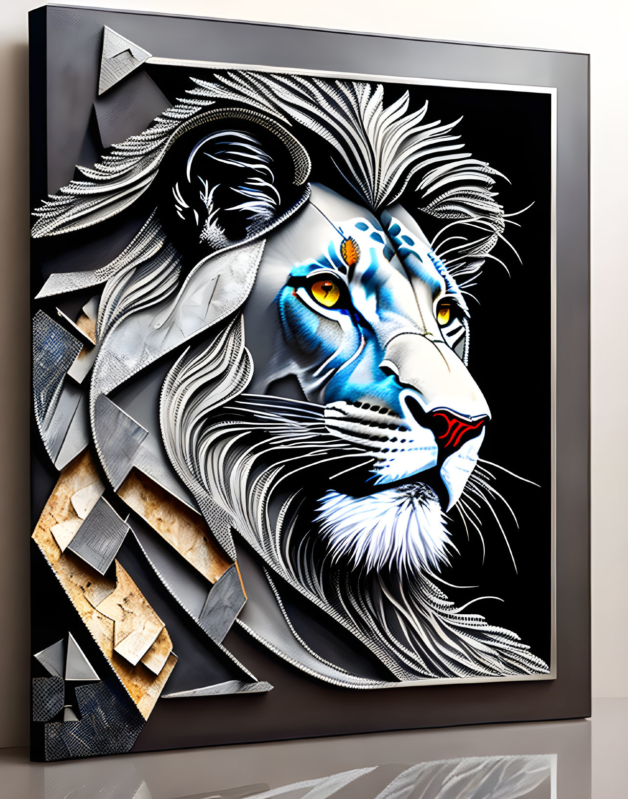 Abstract Lion Artwork in 3D Frame: White, Black, and Blue Hues