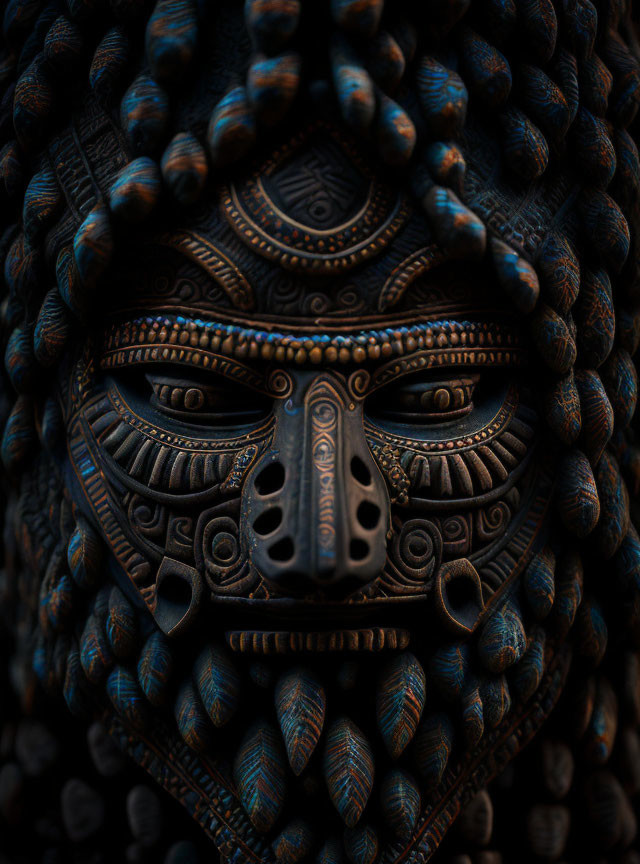 Detailed tribal mask with intricate patterns and textures on dark background