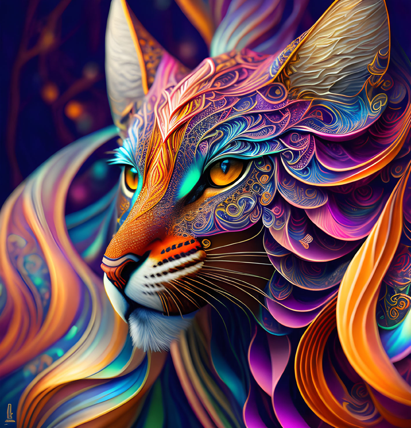 Colorful Stylized Cat Artwork with Intricate Patterns in Blue, Orange, and Purple