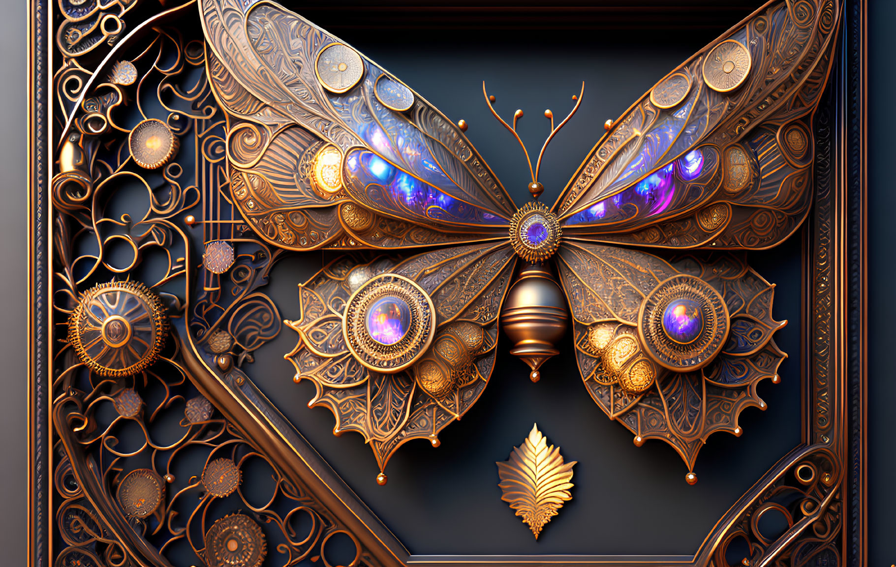 Steampunk-style butterfly with metallic wings and purple gemstones on dark background