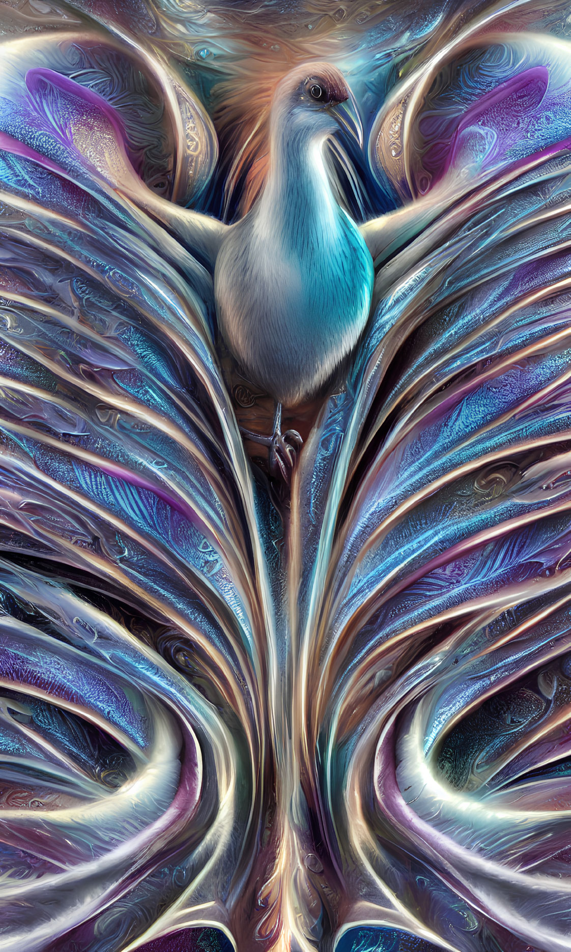 Vibrant blue bird on iridescent metallic swirls