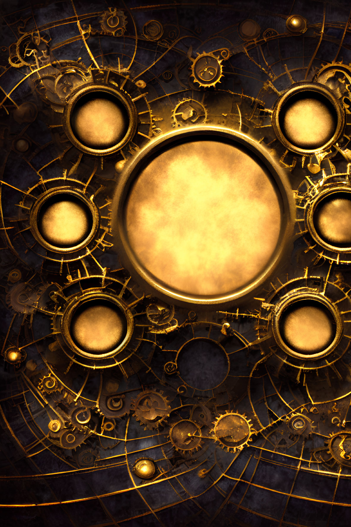 Steampunk-inspired background with gold and brass gears and glowing orb