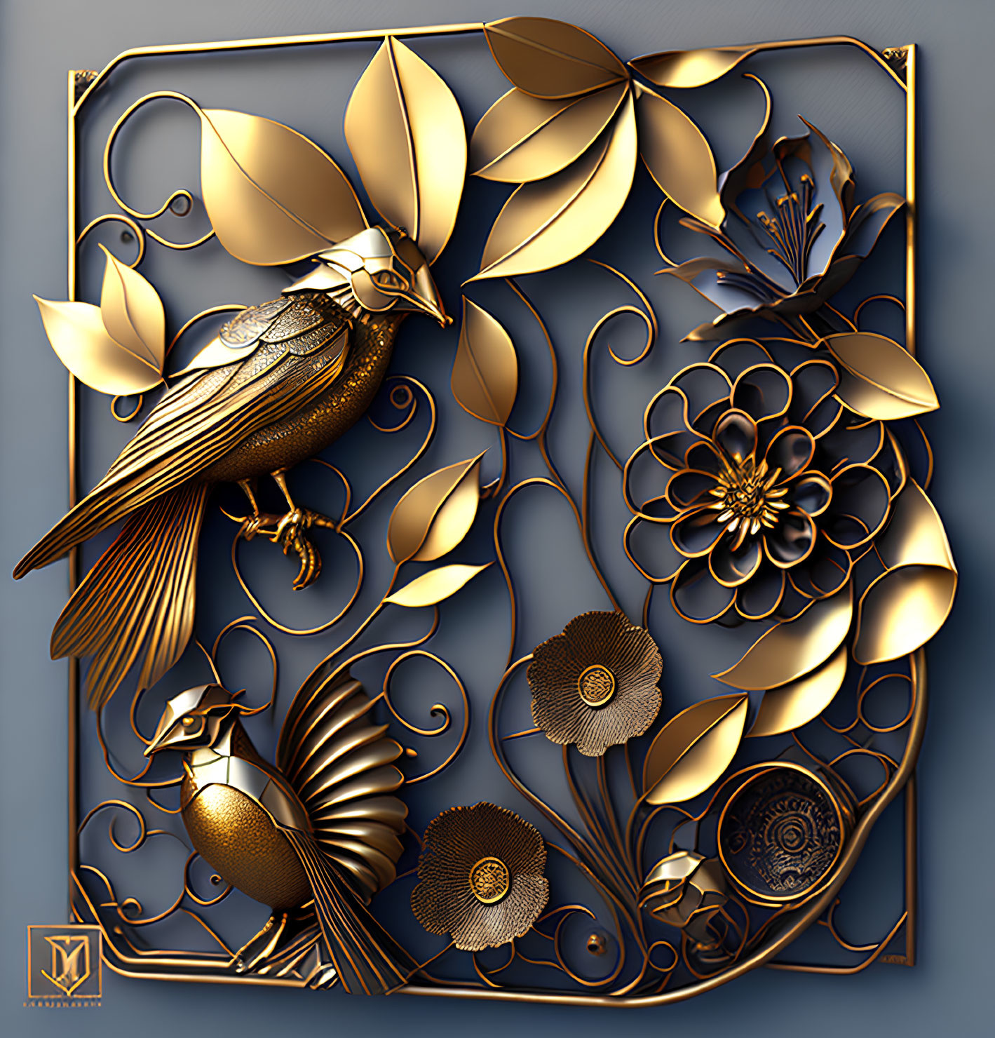 Golden 3D Bird Artwork with Leaves and Flowers in Square Frame
