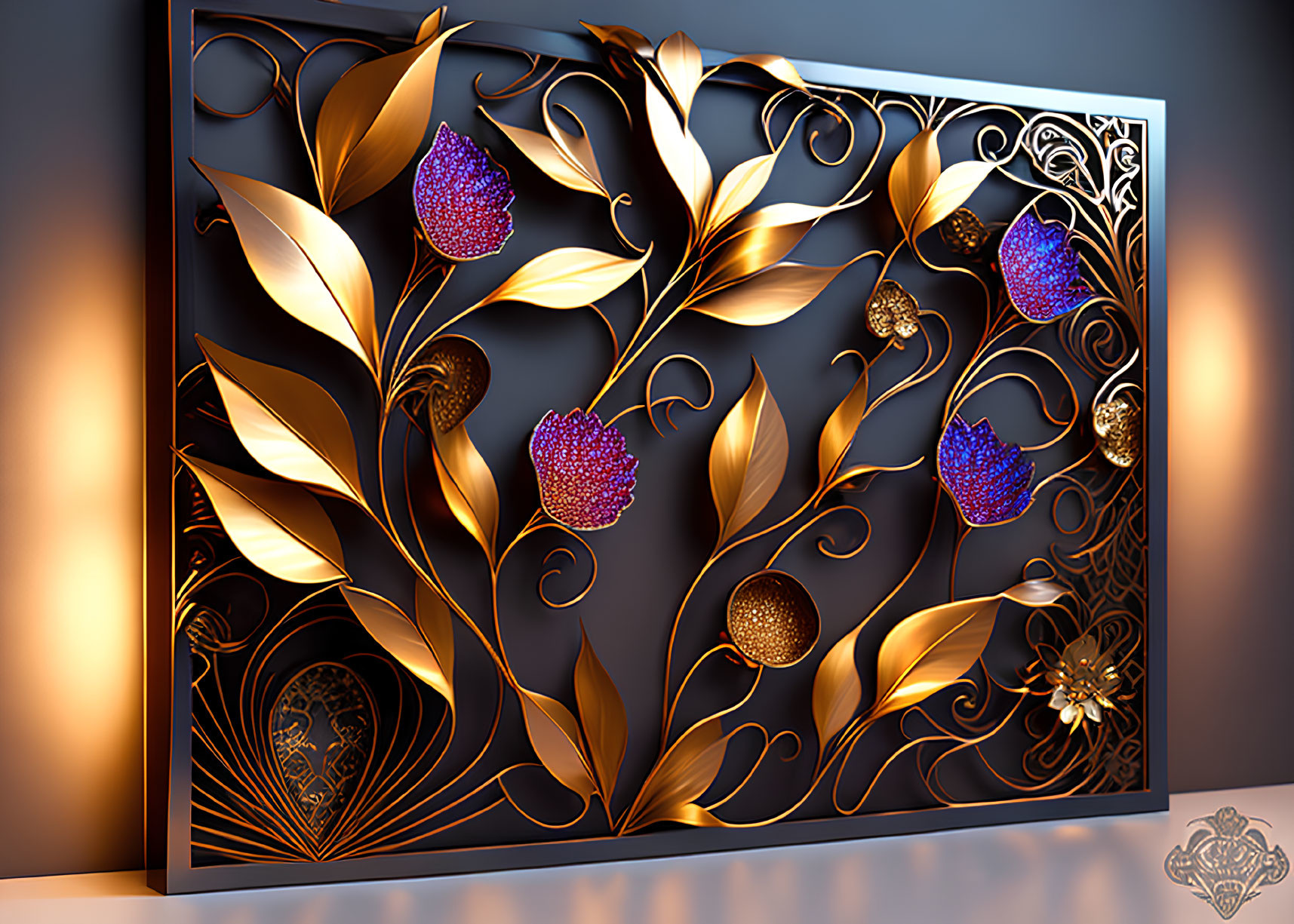 Golden vines, violet flowers in 3D wall art with dramatic lighting