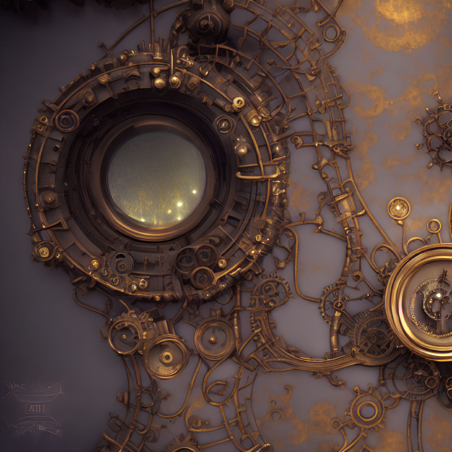 Detailed Steampunk-Style Circular Window with Gears and Pipes