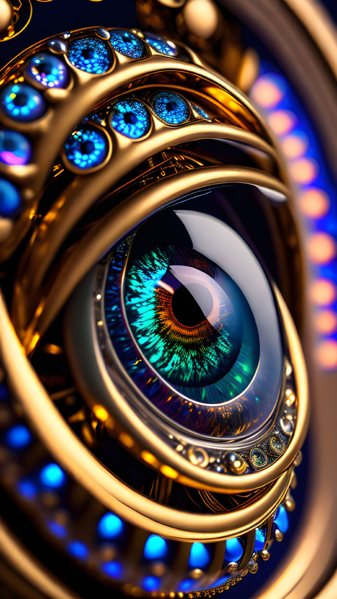Detailed mechanical eye with gold ornamentation and blue gems on dark background