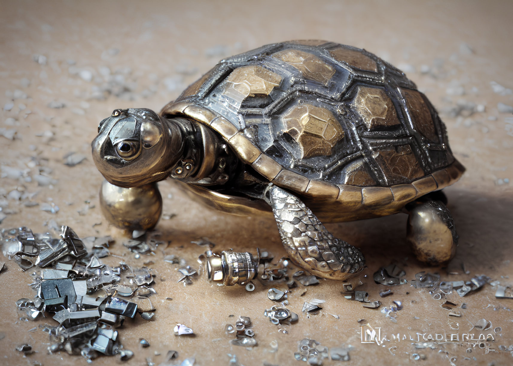 Metallic Turtle Sculpture on Sandy Surface with Miniature Metal Parts