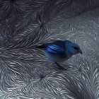 Blue bird perched on textured background with dark swirls and feather-like patterns