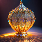 Golden patterned ornamental object with embedded jewels emitting warm glow