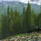 Scenic Pine Forest with Rocky Floor and Misty Mountains